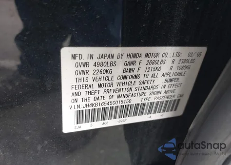 2005 Acura Rl 3.5 из США, поврежденный, VIN JH4KB16545C015150